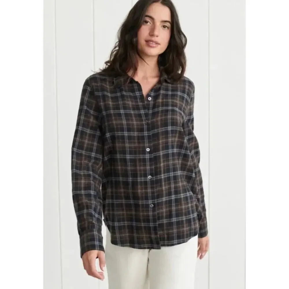 Jenni Kayne Classic Plaid Flannel Shirt Brown and Black Cotton - Picture 3 of 10